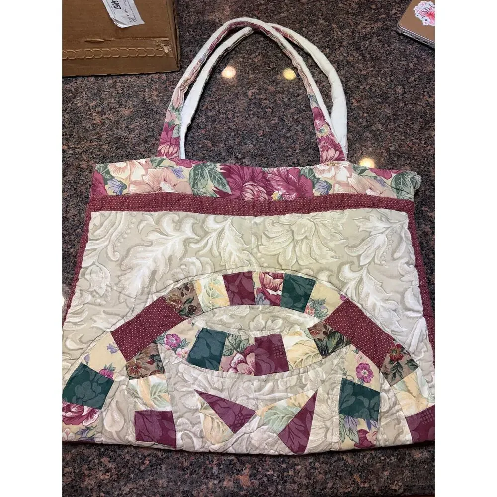 Vintage Handmade Quilted Double Ring Pattern Tote Bag 18